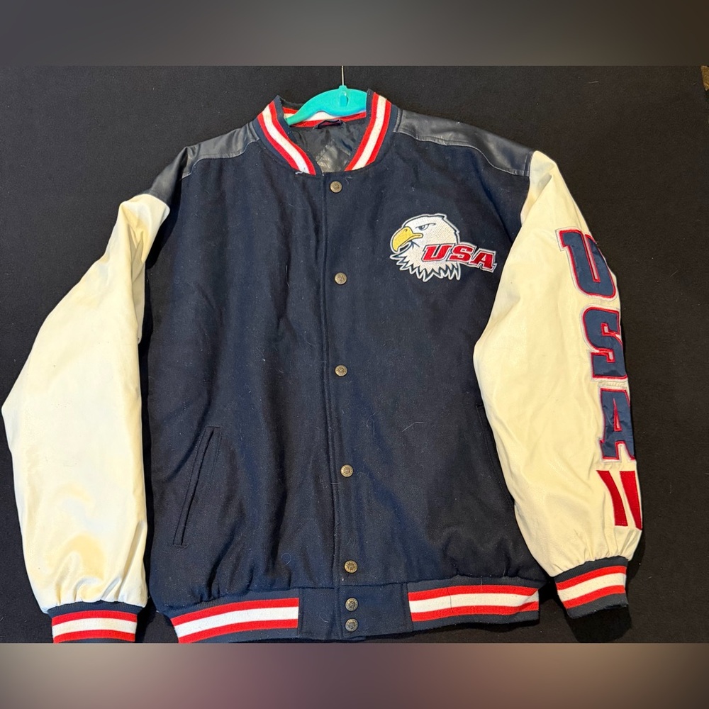 Steve & Barrys Mens USA Eagle Varsity SYN Leather Jacket Navy Blue White medium‎